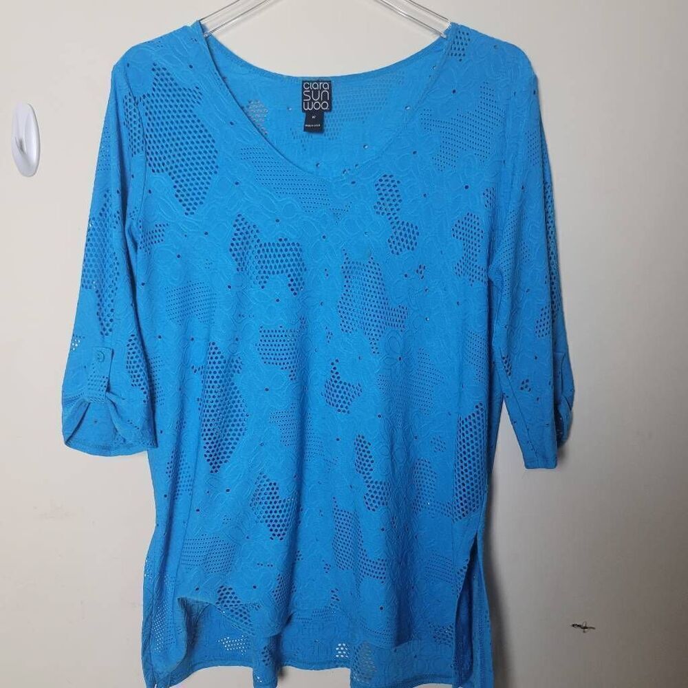Clara Sun Woo Eyelet Floral Tunic Top Swim Coverup Turquoise Medium